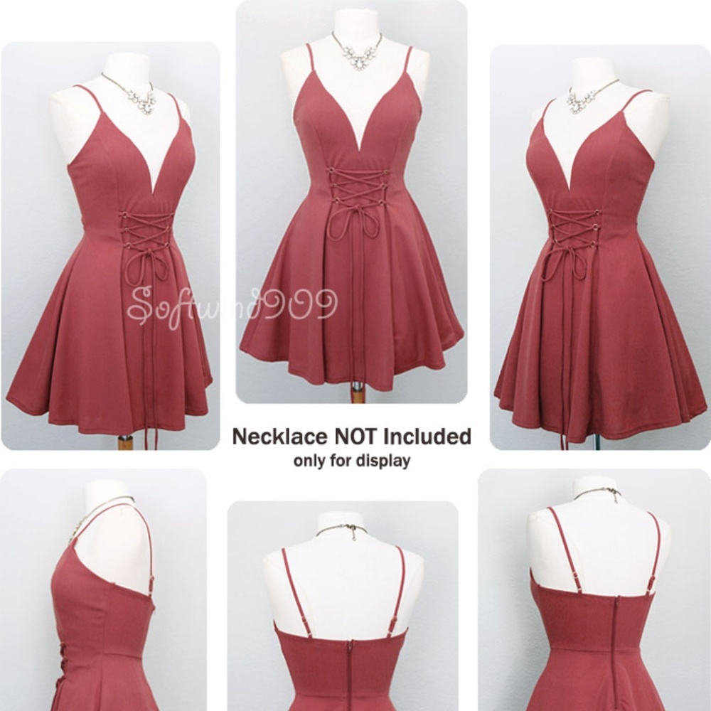 Rust Mauve Lace Up Corset Plunge Cute Skater Dress - Picture 7 of 8